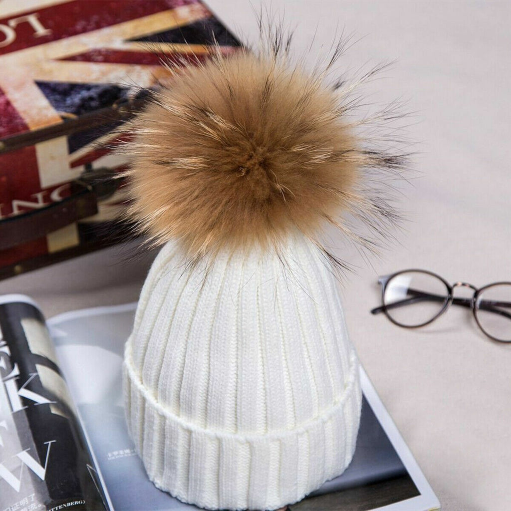 Womens Warm Winter Hat Genuine Fur Pom Pom 15cm Ball Knit Beanie Ski Caps