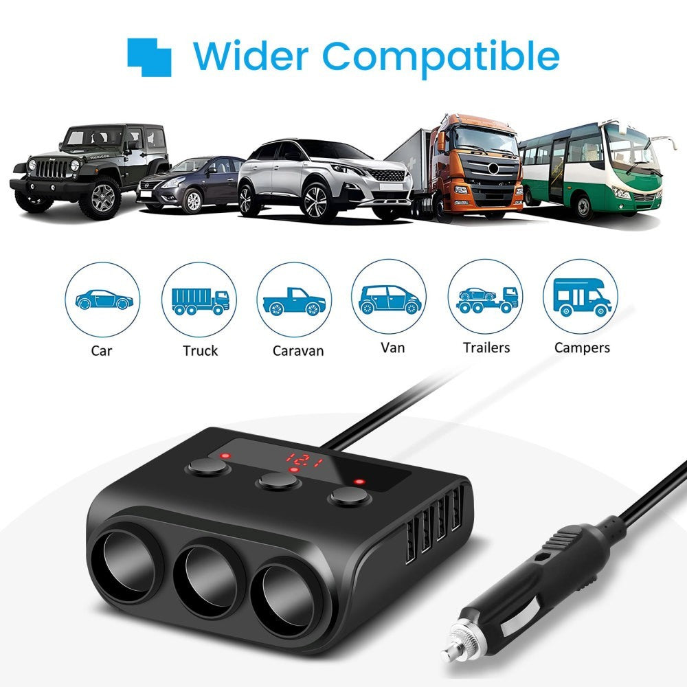 3 Way Cigarette Lighter Socket Splitter 12V 24V 4 USB Plug Multi Charger Adapter