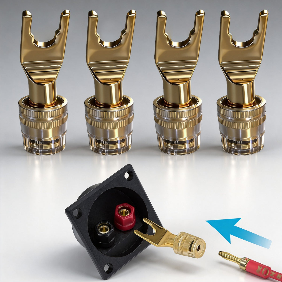 4pc HiFi Audio Speaker Cable Y Spade Plug to 4mm Female Banana Jack Adapter