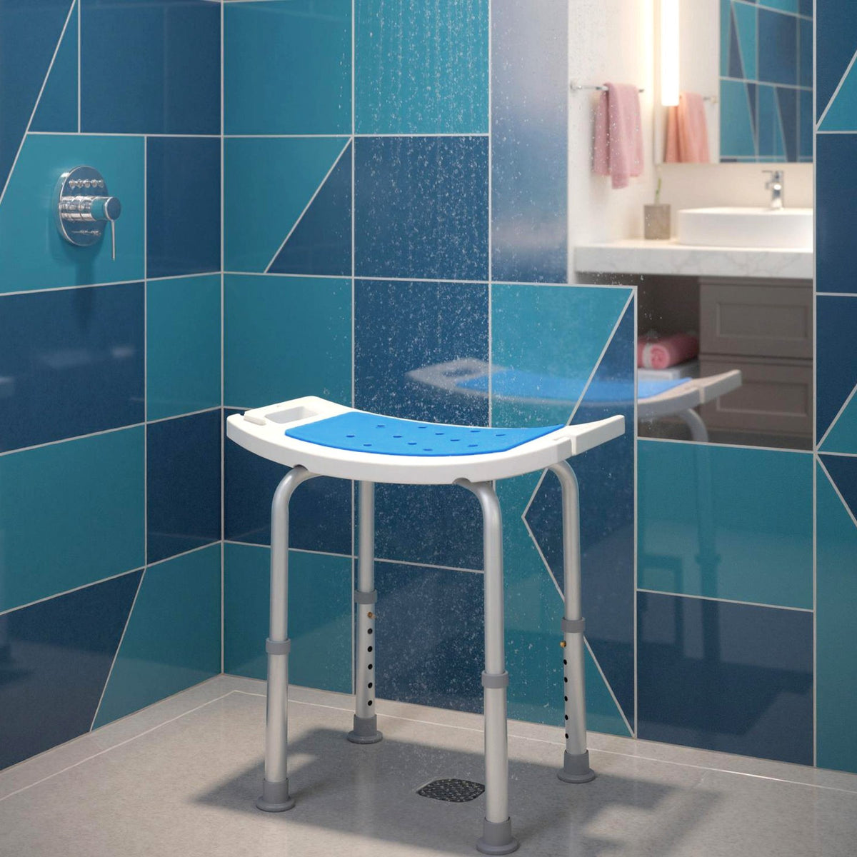 HOMCOM Adjust Aluminium Bath Stool Spa Chair Non-Slip w/ Shower Hole, Blue