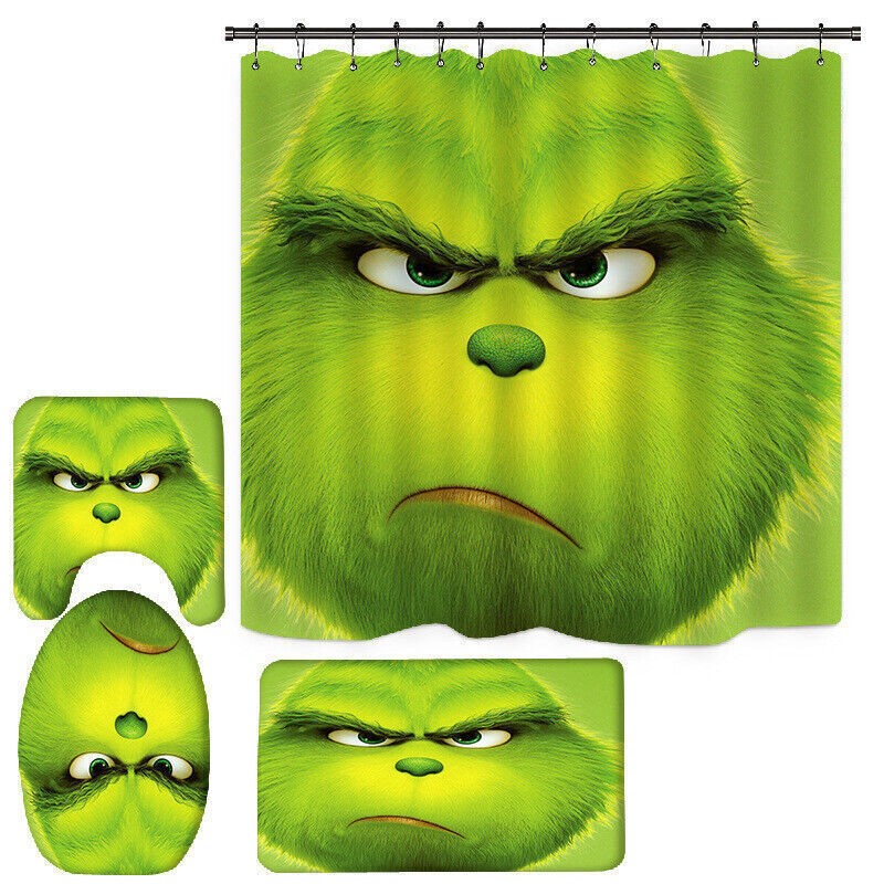 3D How the Grinch Stole Christmas Shower Curtain Bath Mat Toilet Cover Rug UK