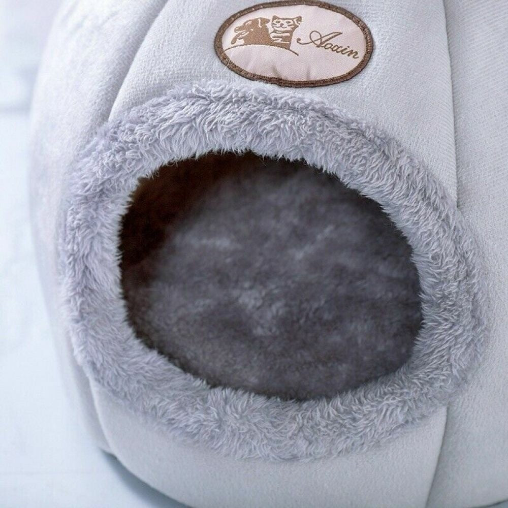 Large Cat Bed Cave Small Wool Cozy Pet Igloo Bed Winter House Nest Kennel Grey