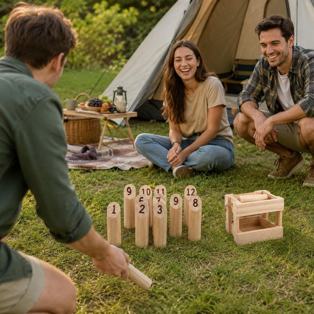 Wooden Molkky Game Set with Storage Box for Outdoor Family Fun and Play