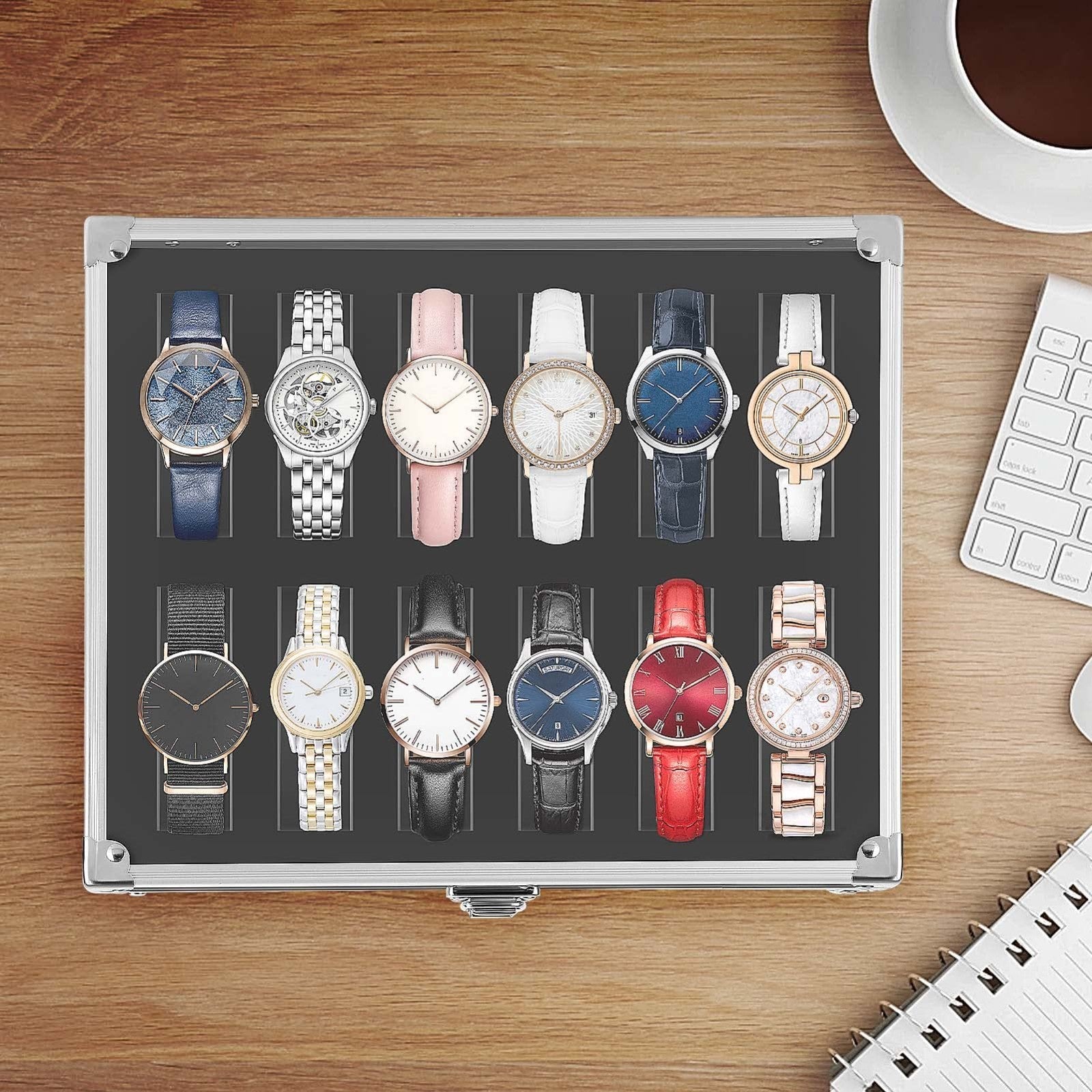 12 Aluminum Wristwatch Watch Jewellery Display Storage Case Box Transparent