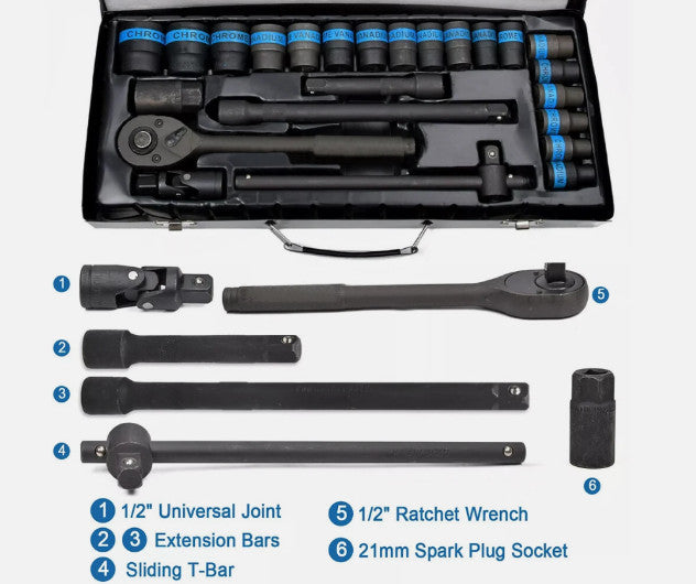 24Pcs Heavy-Duty 1/2" Drive Socket Wrench Set 8-32mm w/ Extension Bar Metal Case