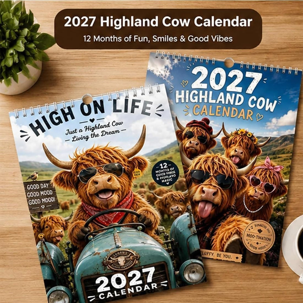 2027 Funny Highland Cow Wall Calendar, highland cow calendar 2027