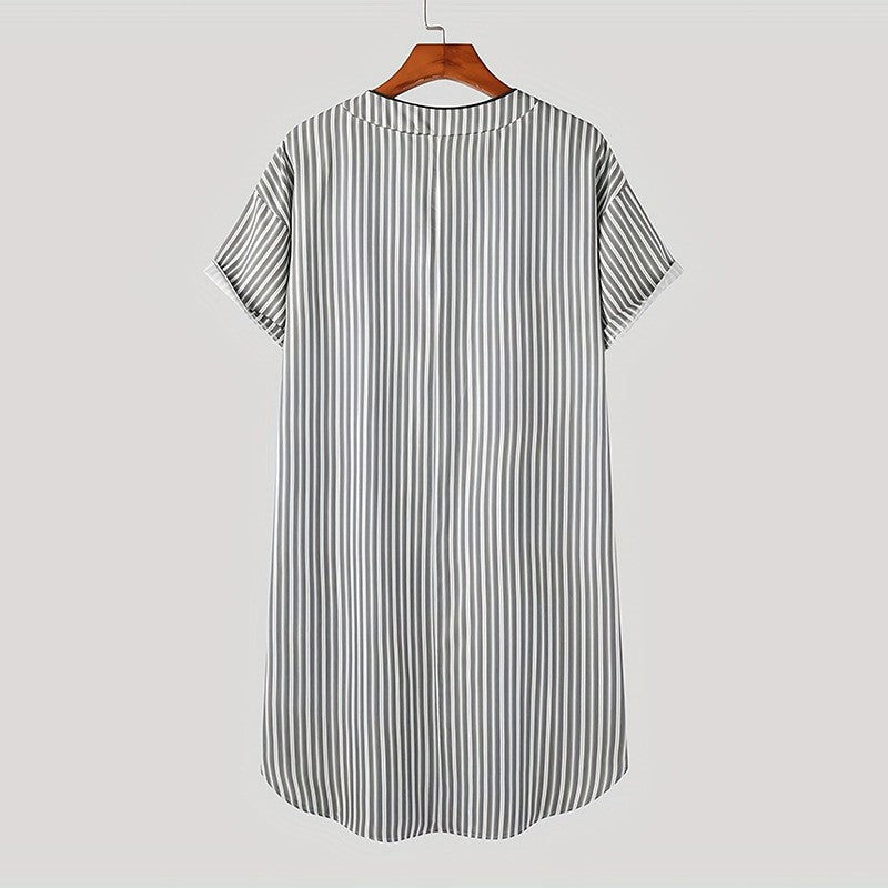 Summer Mens Striped Short Sleeve V Neck Top Shirt Dress Nightshirt Sleepwear Pjs