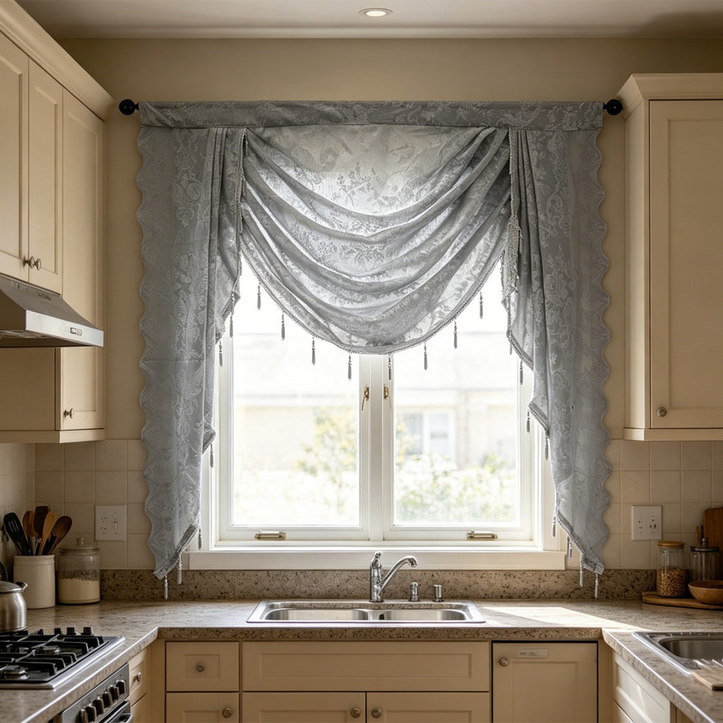 Swag for Windows Waterfall Valance Curtains Beaded Sheer Voile Drapes for Home