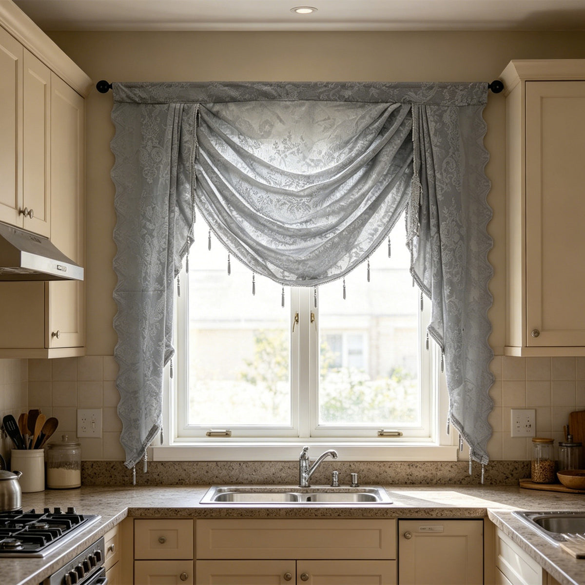 Swag for Windows Waterfall Valance Curtains Beaded Sheer Voile Drapes for Home