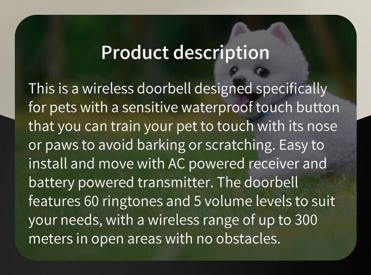 Smart Dog Door Bell Intelligent Sensing Wireless Dog Doorbell Transmitter and Re