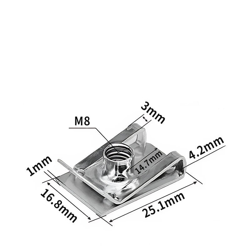 20 Pcs U-Style Clip-On M8-1.25 Nut U-Type Fasteners Stainless Steel Silver