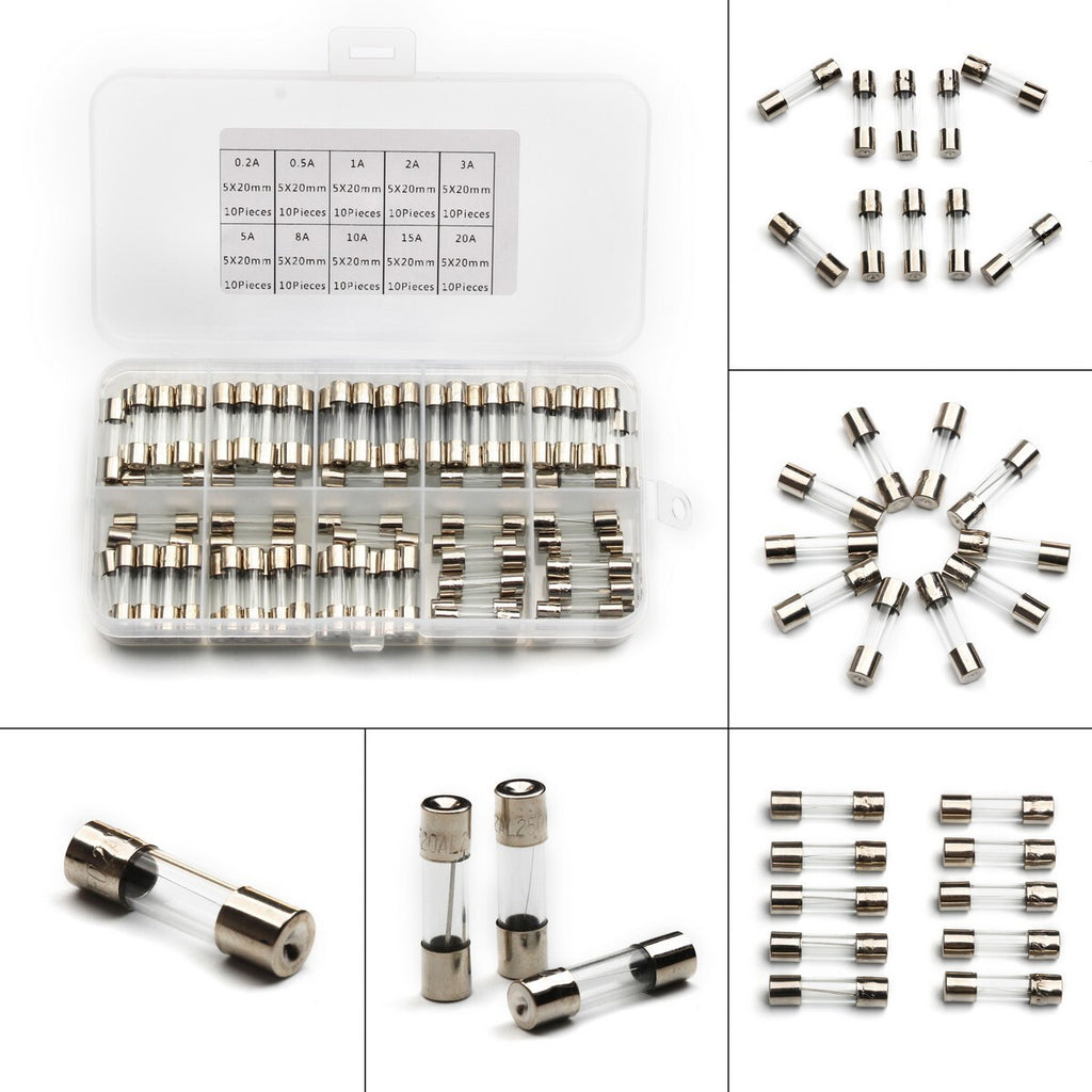 100Pcs 5x20mm Quick Blow Glass Tube Fuse Kit Fast Action Assorted Electronic