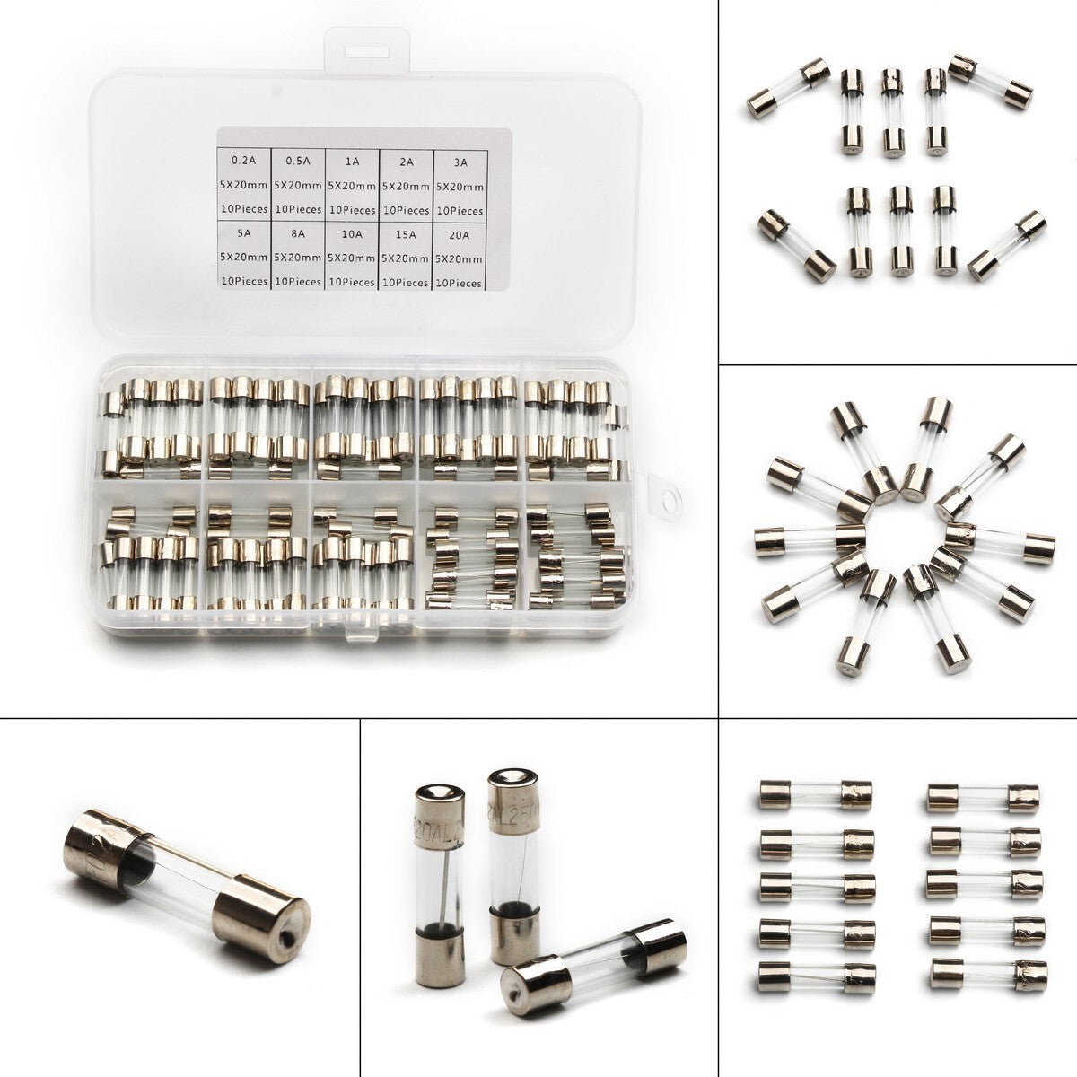 100Pcs 5x20mm Quick Blow Glass Tube Fuse Kit Fast Action Assorted Electronic
