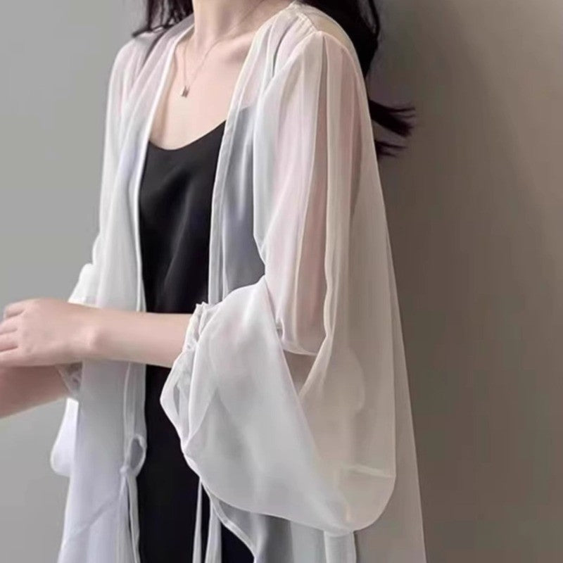 Lady Sheer Mesh Midi Shrug Jacket Thin Long Sleeve Shrug Cardigan Top Front Open
