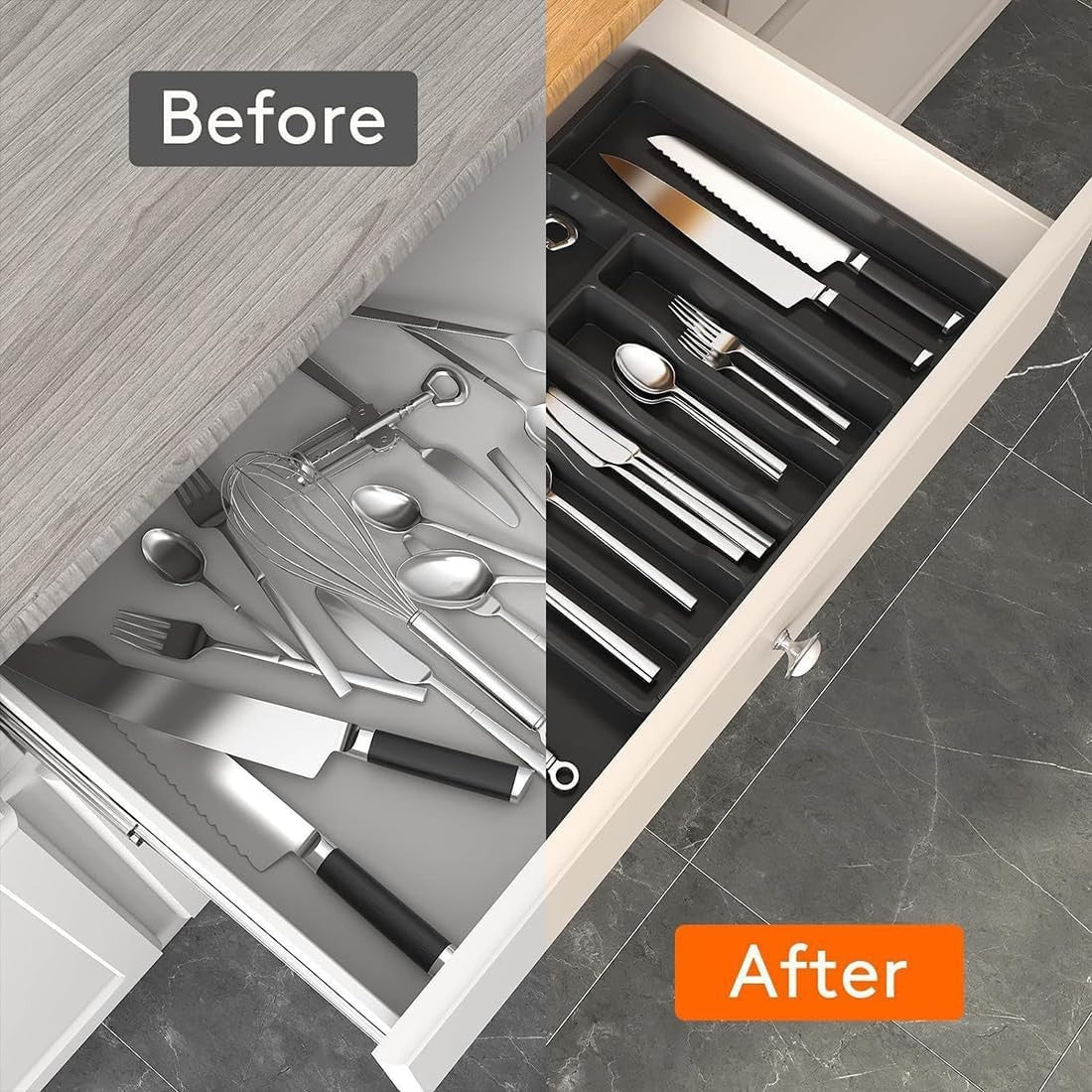 8-Section Extendable Plastic Cutlery Tray Kitchen Drawer Insert Organiser Holder
