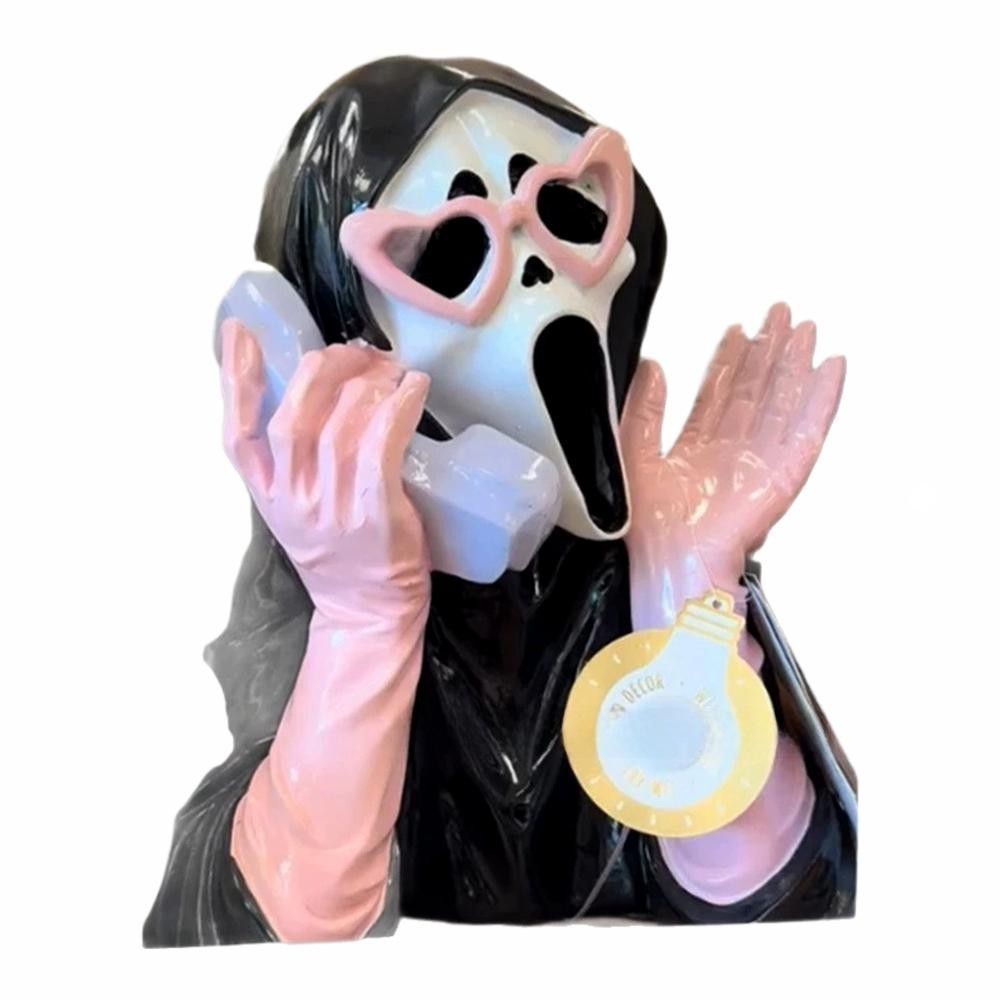 2026 Ghoulish Resin Light Up Halloween Pink/Black Scream Ghost Face Statue Decor