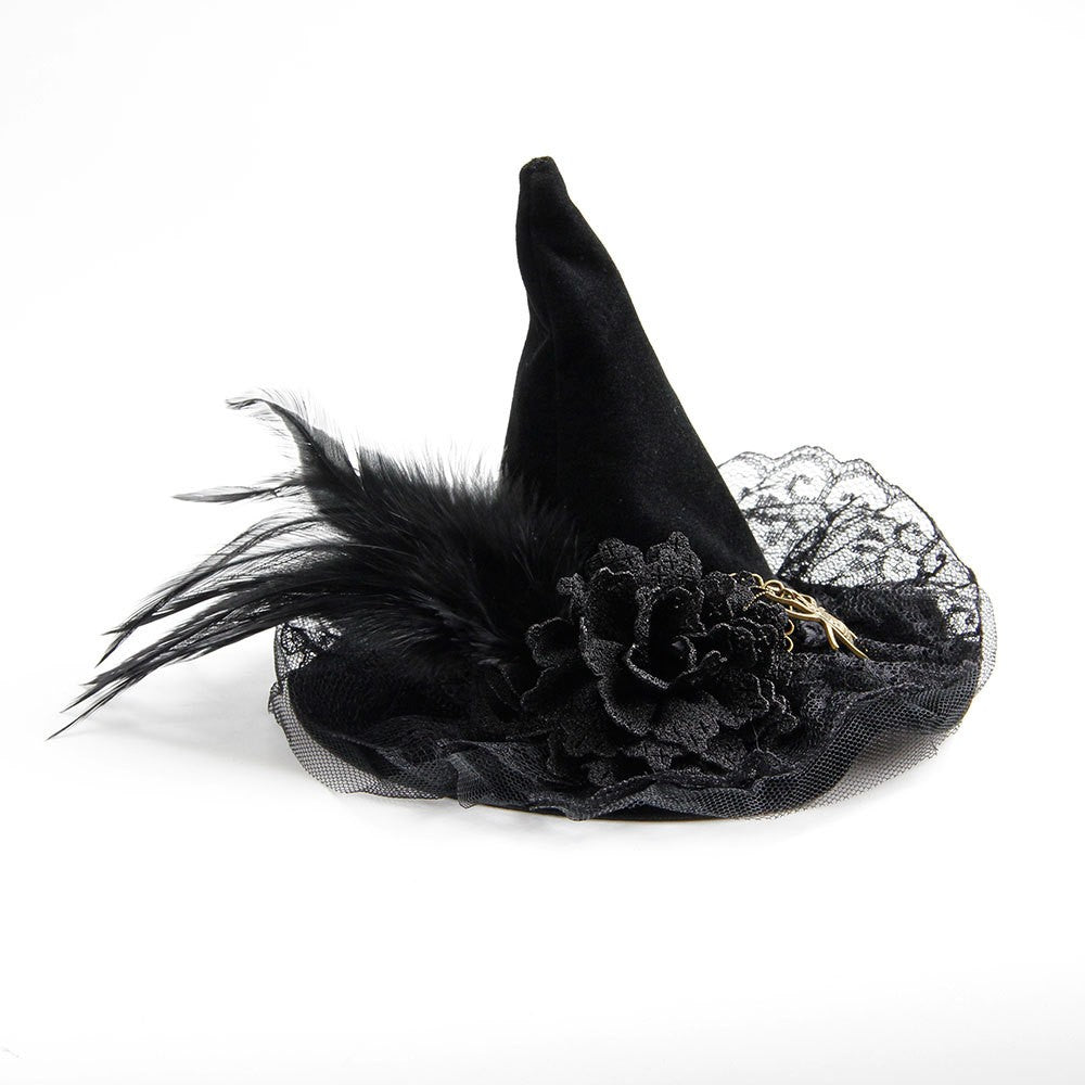 Mini Witch Hat Lace Feather Golden Spider Gothic Halloween Fancy Dress Headband