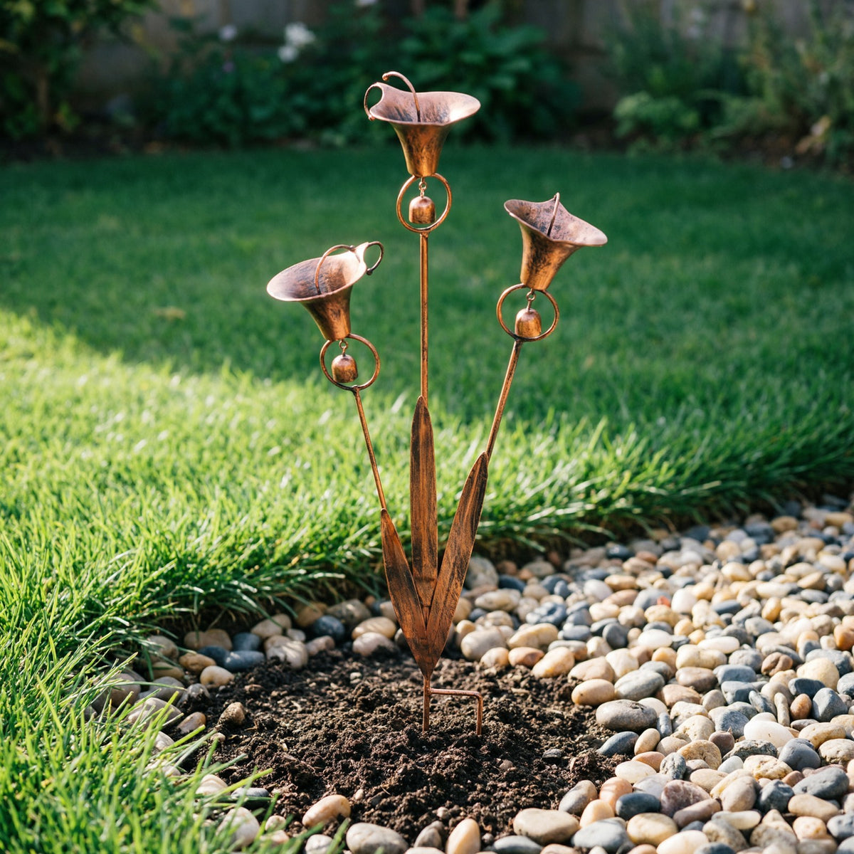 Flamed Copper Three Calla Lilies Garden Stake with Bells, Rain Catcher Flower UK