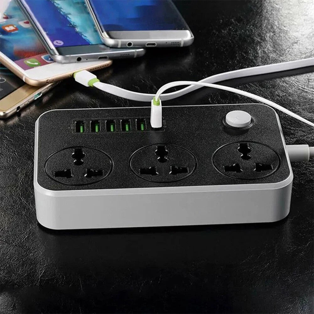 Extension Lead with 6 USB Cable Electric Plug Socket UK Mains Power 3 Gang Way