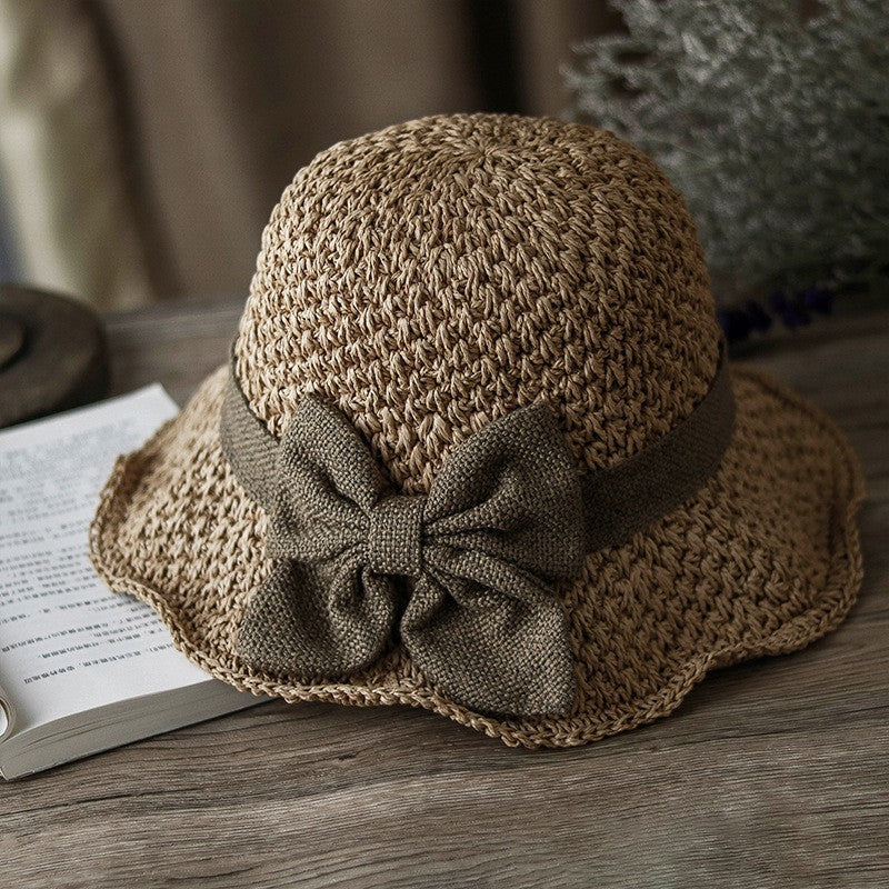Women's Straw Bucket Hat Brim Sun Hat Crochet Floppy Beach Hat with Ruffled Bow