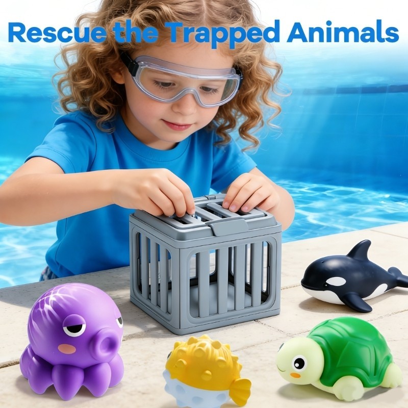 Interactive Pool Diving Rescued Toy Set For Kids Water Game Fun With Cage Animal