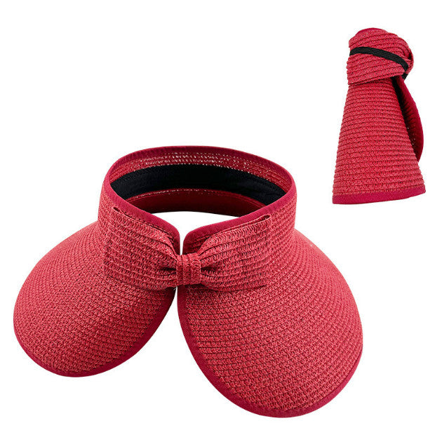 Foldable Bow Decor Sun Visor Wide Brim UV Protection Straw Hat