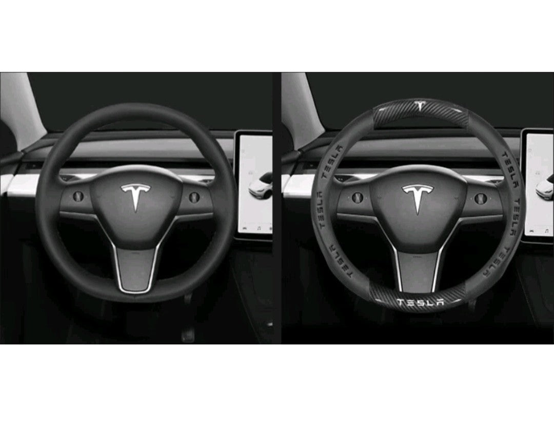 15" PU Leather & Carbon Fiber Steering Wheel Cover for 2008-2025 Tesla All Model