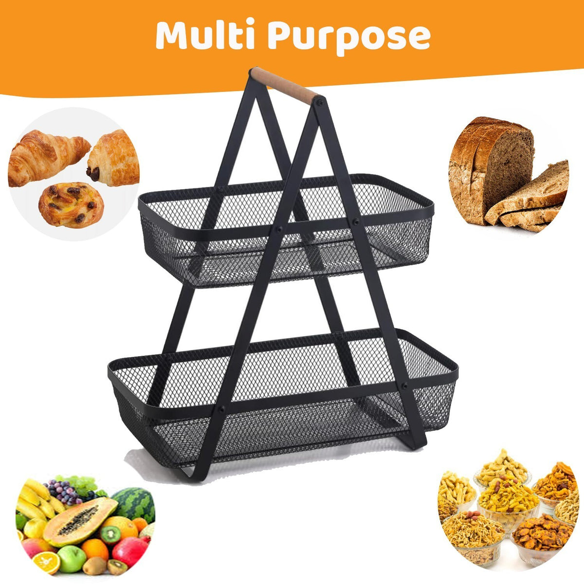 2 Tier Fruit Storage Basket Countertop Kitchen Bread Vegetable Fruit Bowl Rack