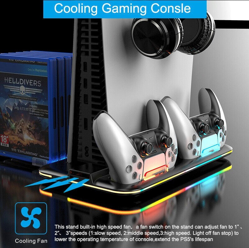 Dual Controller Charging Dock + Cooling Fan Stand RGB Light For PS5 Accessories