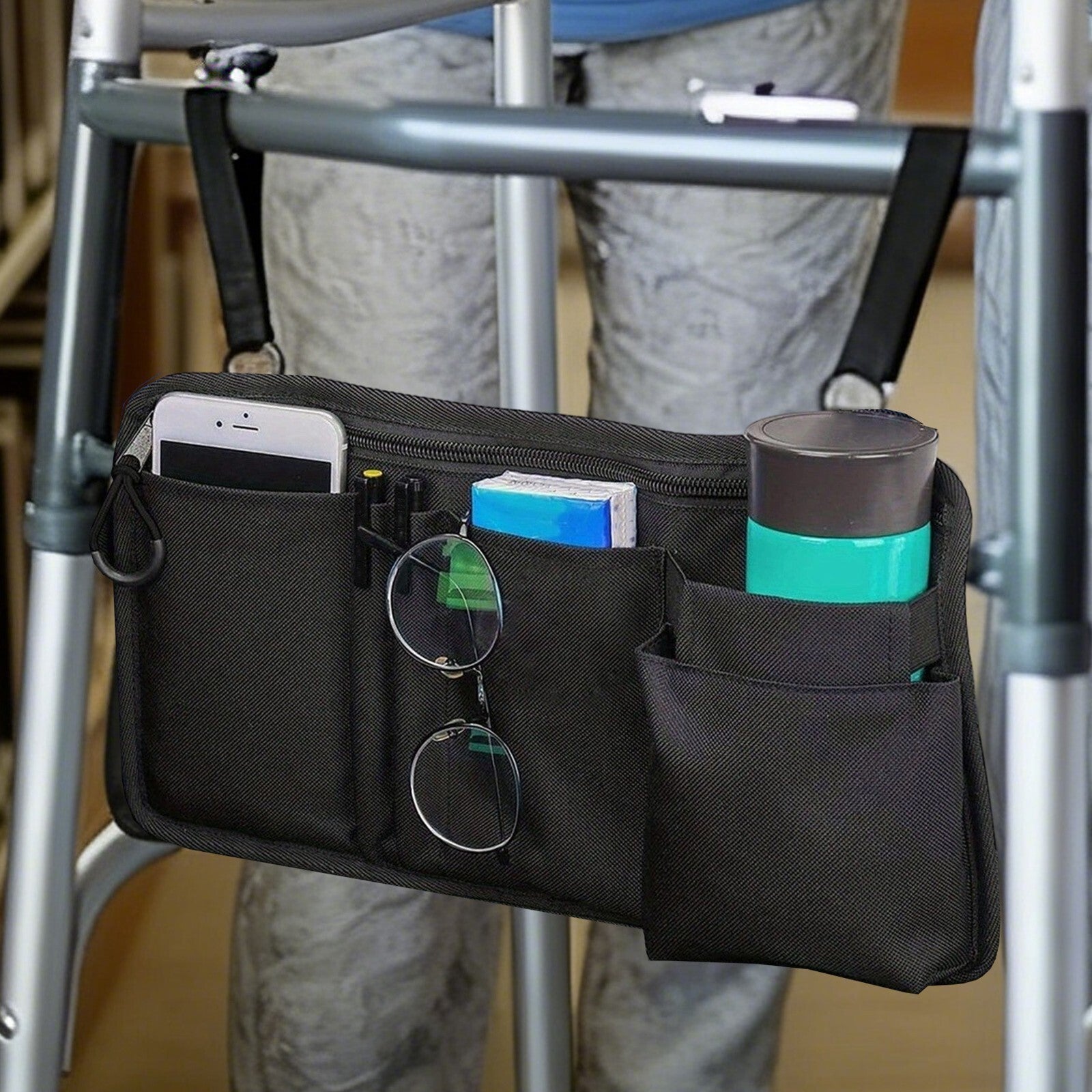 Wheelchair Armrest Side Storage Bag Cup Holder Multi Pocket Organiser Accessory