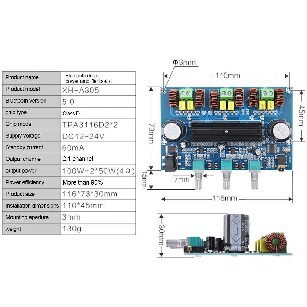 TPA3116D2 Bluetooth 5.0 2.1 Channel 2*50W+100W Digital Power Amplifier Board DIY