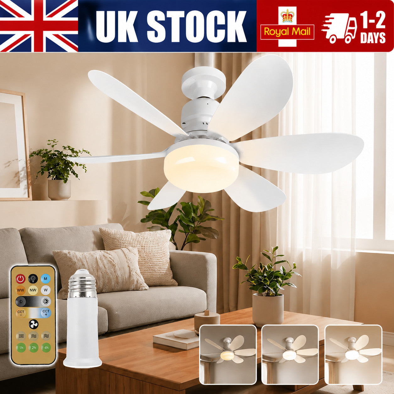 52cm Socket Ceiling Fans with Lights and Remote E27 Socket for Bedroom UK