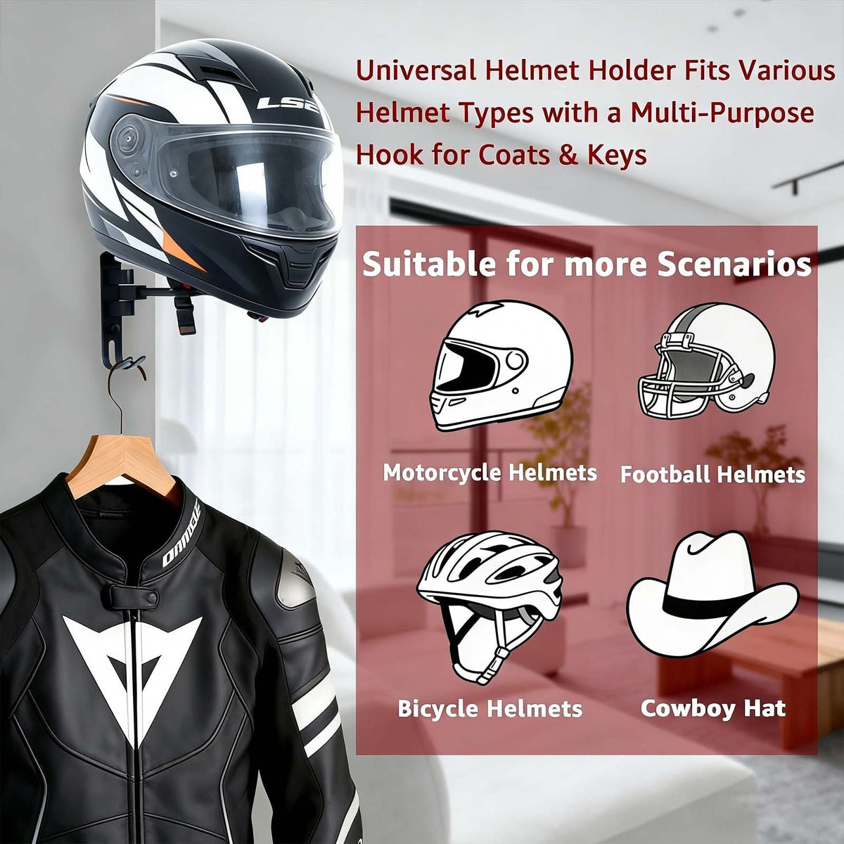 1-2X 180° Motorcycle Helmet Rack Holder Hat Display Stand Wall Mount Hook Hanger