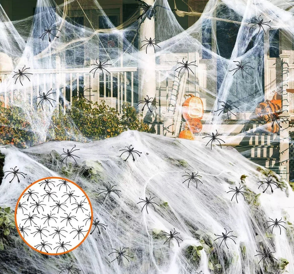 Spider Web With 10pcs Spiders Halloween Decoration Stretchy Cobweb Props