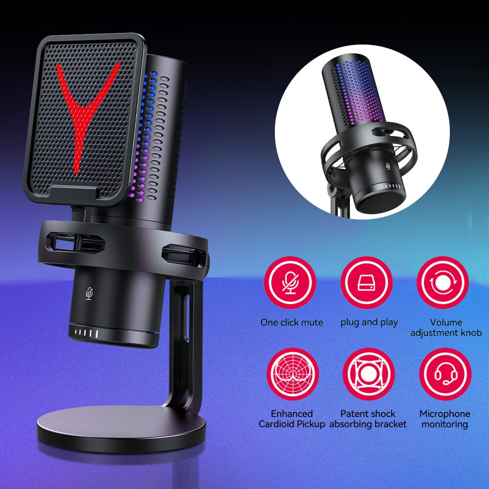 USB Microphone Noise Cancellation Condenser RGB Gaming Mic for PC Laptop Android