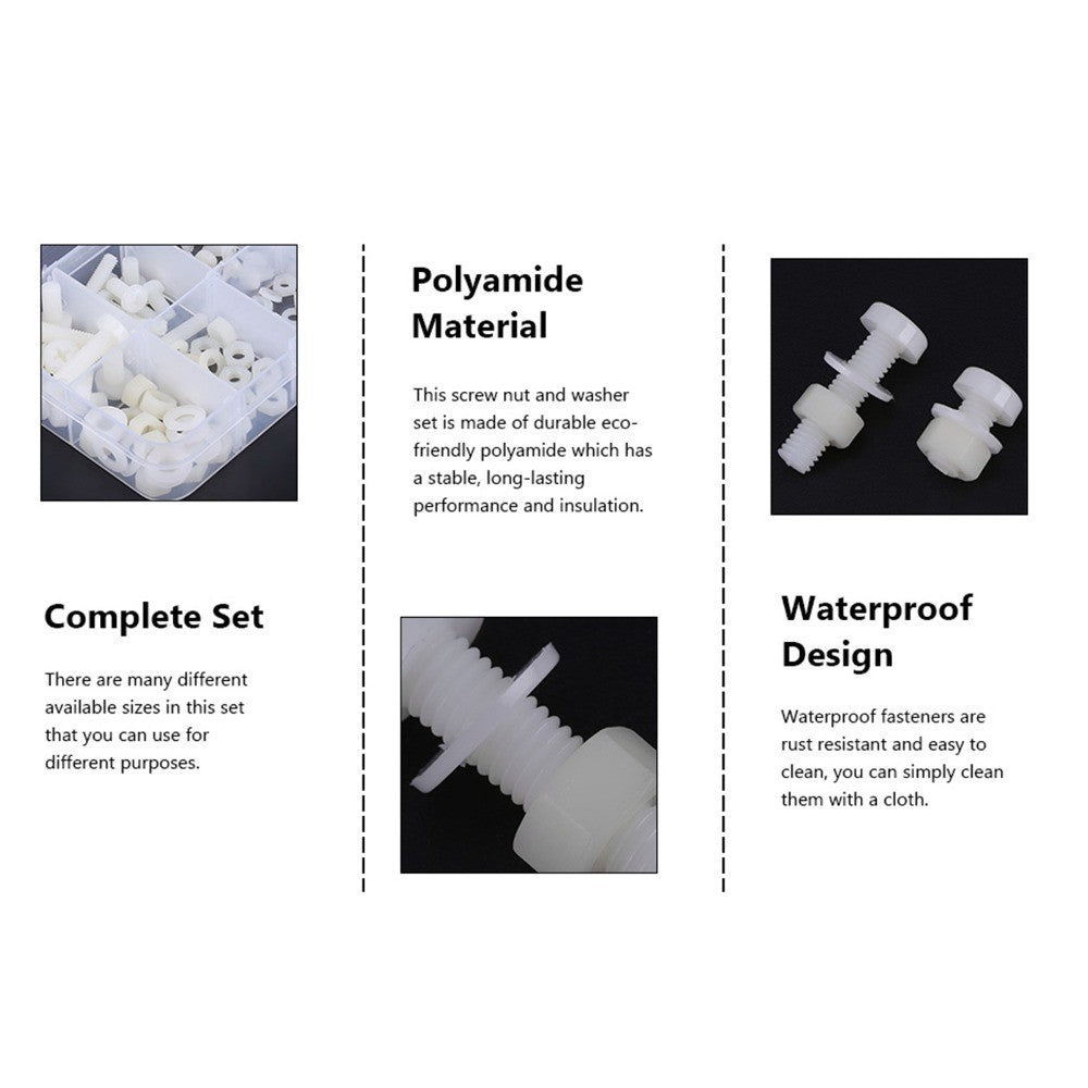 150 pcs M2 M2.5 M3 M4 M5 Size Nylon Screw Nut Washer Assortment Kit