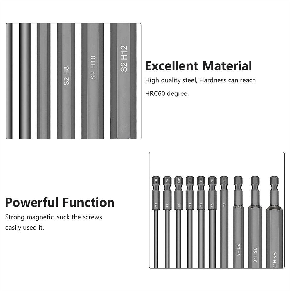 10Pc Long Metric Hex Allen Key Bit Quick Change Impact Driver Drill Connect Bits