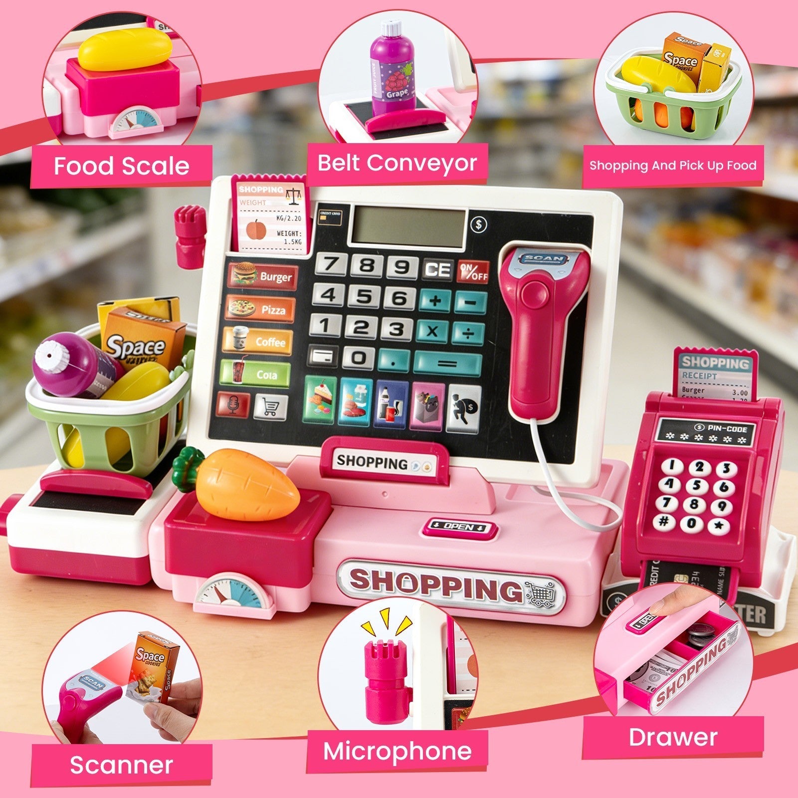 Kids Cash Register Toy Playset with Real Calculator, Pretend Play Store Toy