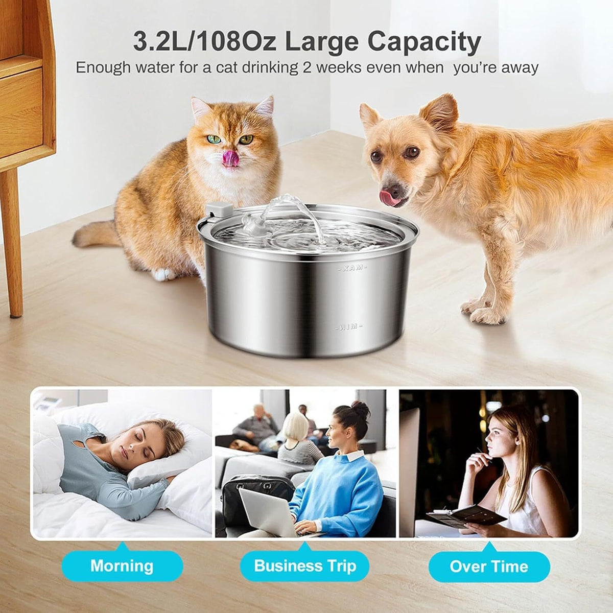 Dog Water Fountain,Stainless Steel Cat Water Fountain with Visual Water