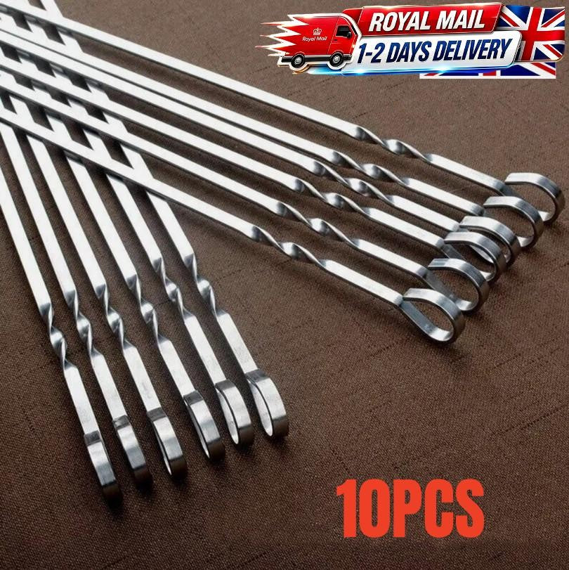 10 PCS LONG Metal Kebab Grill Steel Sticks Flat BBQ Skewers Barbecue Meat