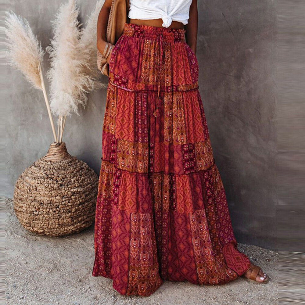 Women Bohemian High Waist Long Skirt Ladies Holiday Swing Baggy Boho Maxi Skirts