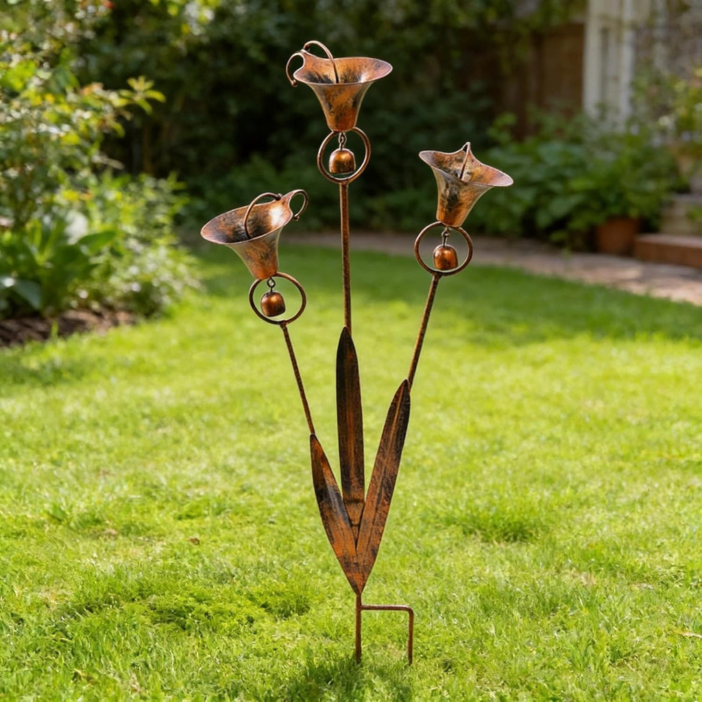 Flamed Copper Three Calla Lilies Garden Stake with Bells, Rain Catcher Flower UK