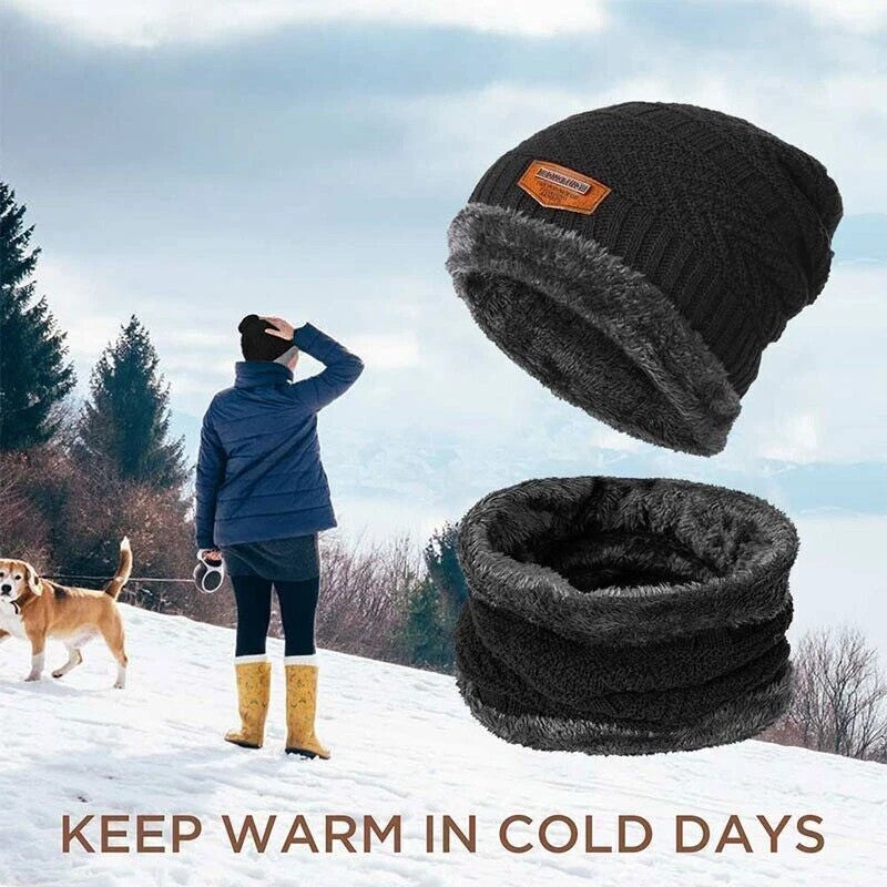 Men's Winter Beanie Hat and Scarf Set Warm Fleece Knitted Cap Unisex (2 PCS SET)