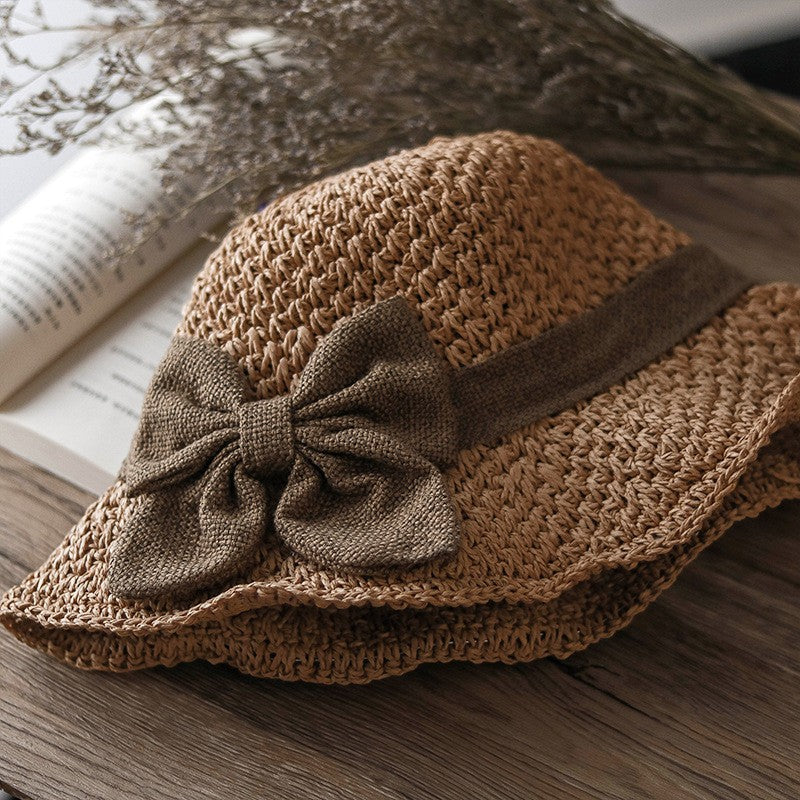 Women's Straw Bucket Hat Brim Sun Hat Crochet Floppy Beach Hat with Ruffled Bow