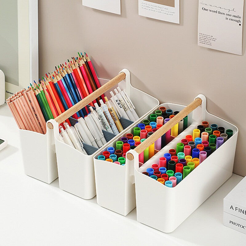 Stationery Pen Compartment Storage Box Wooden Handle Remote Control Storage Box