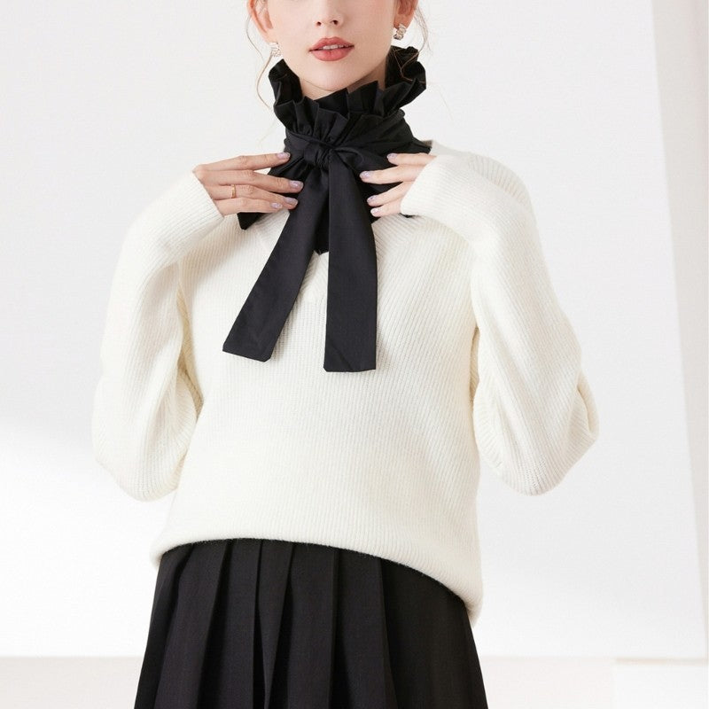 Detachable Faux Collar with Elegant Bows Tie Ruffle Half Shirt for Party Dresses