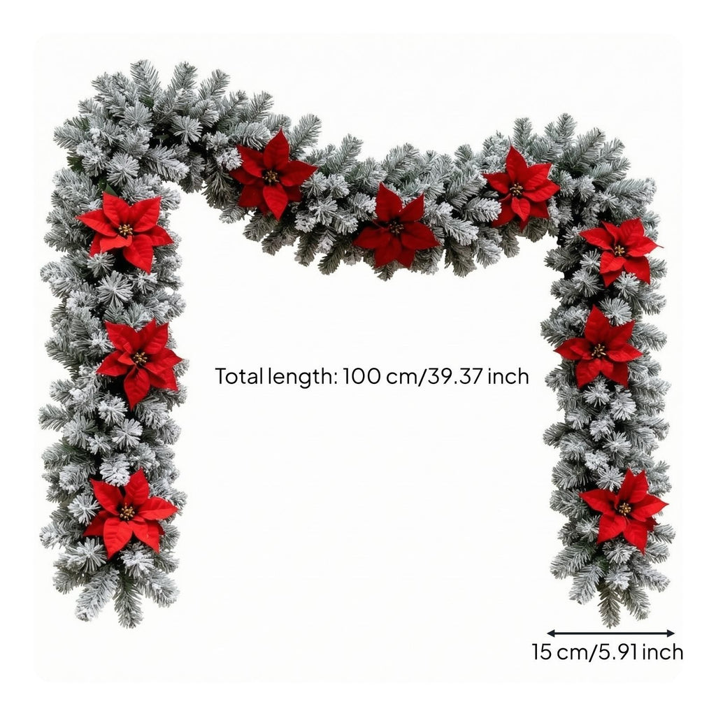 Fir Garland with Poinsettias Winter Decorations Flexible for Mantel
