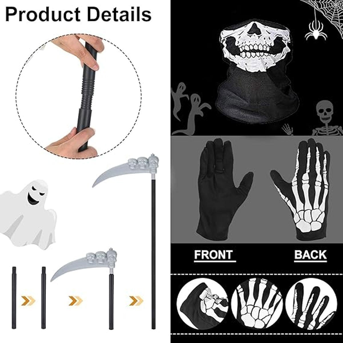 2026 New Adult Grim Reaper Costume Black Hooded Cloak Mask Gloves Scythe Set UK