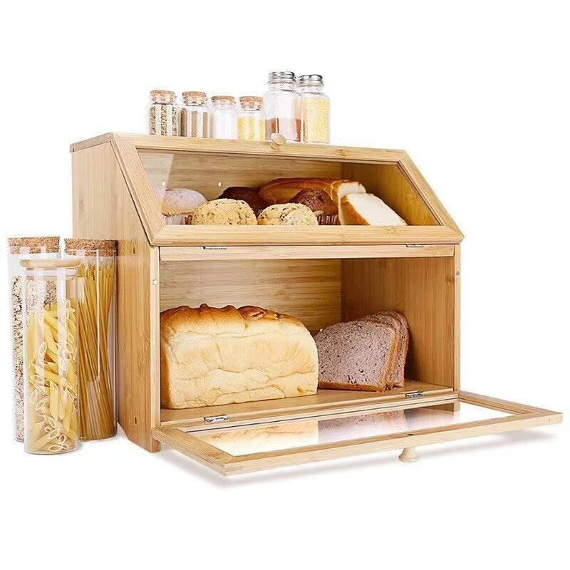 2 Tier Bamboo Bread Bin Double Layer Kitchen Storage Container Loaf Bread Box UK