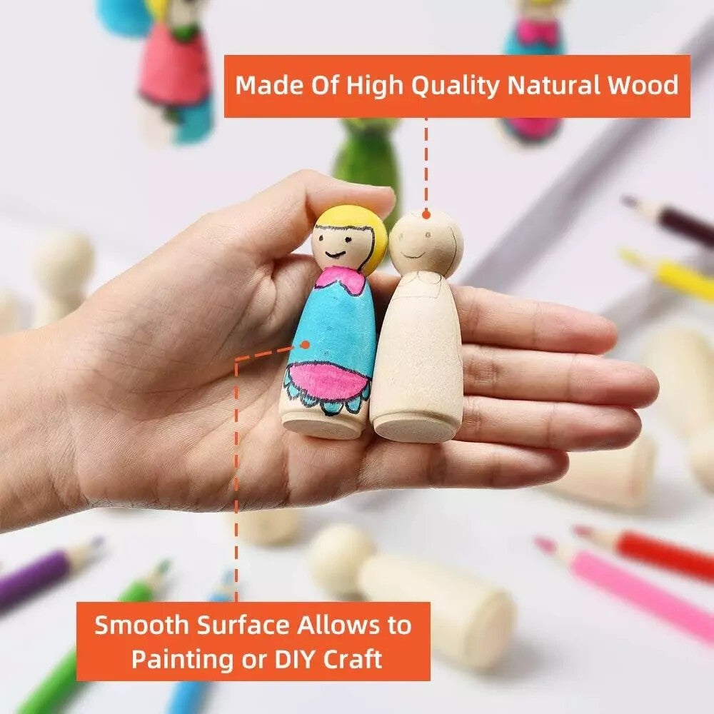 Wooden Peg Dolls Unfinished People, 50 Pcs Natural Wooden Pegs People Shape Doll